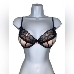 y2k coquette baby pink and black padded bra with lace and bow details